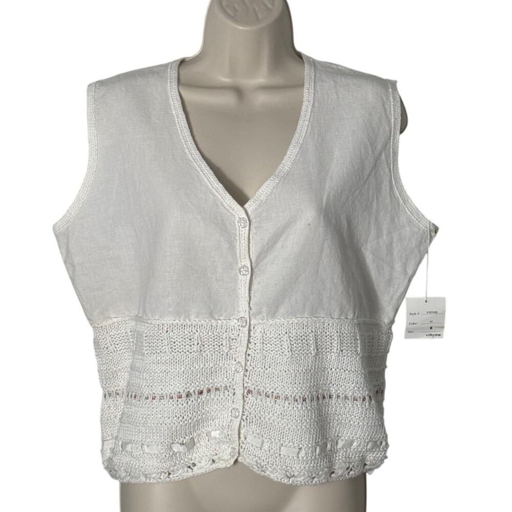 NWT Thyme Sleeveless Button Front Crochet Floral Detail Linen Blend Top Cream‎ M